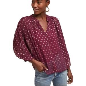 Anthropologie Moulinette Soeurs Allegra Sheer Blouse Burgundy Gold Foil Dots XS